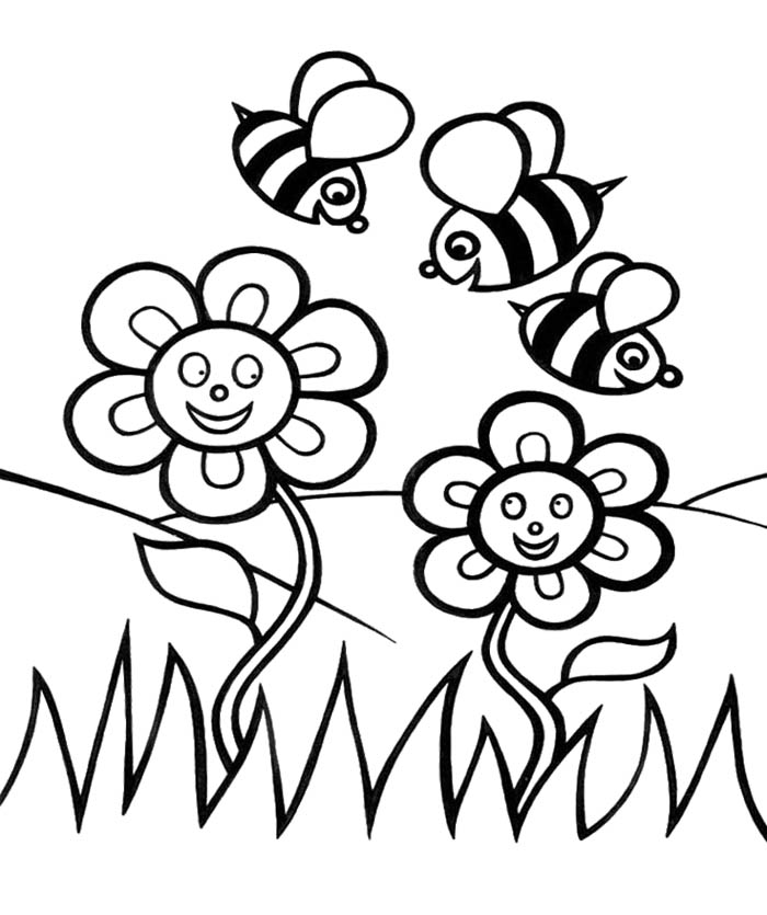 Spring Flower And Bees Coloring Pages For Kids - Spring Flower ...