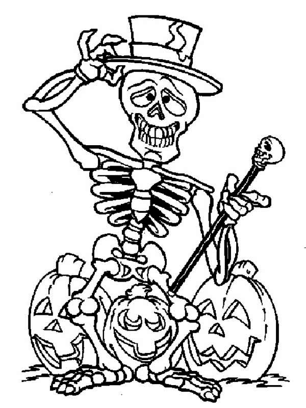 Skeleton and Three Halloween Pumpkin Coloring Page - NetArt