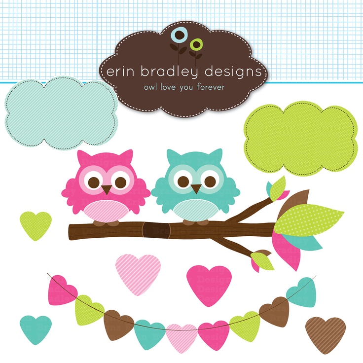 Pink and Blue Owls in a Branch Clipart Graphics Commercial Use Digita…