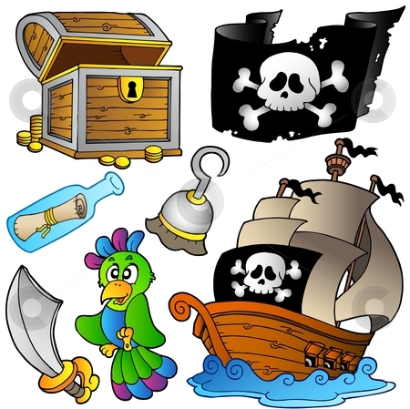 Pirate collection with wooden ship stock vector