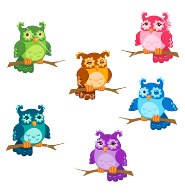 Set of cute six cartoon owls with various emotions in vector ...