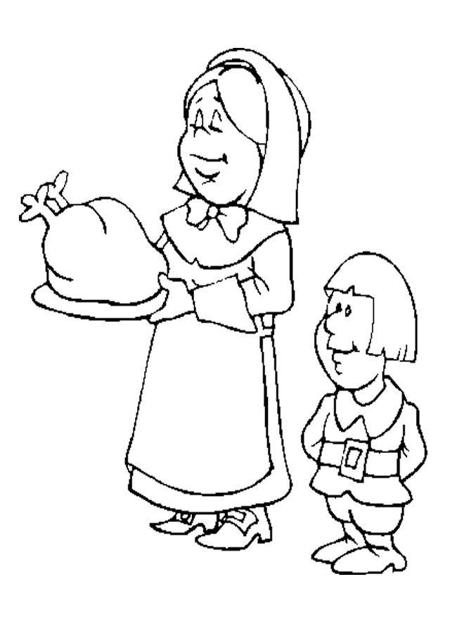 Pilgrim Woman and boy with cooked turkey Coloring Sheet ...