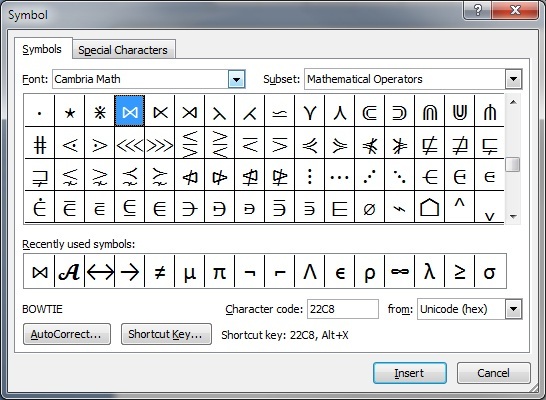 Microsoft Office 2007 Mathematical Symbols In Word
