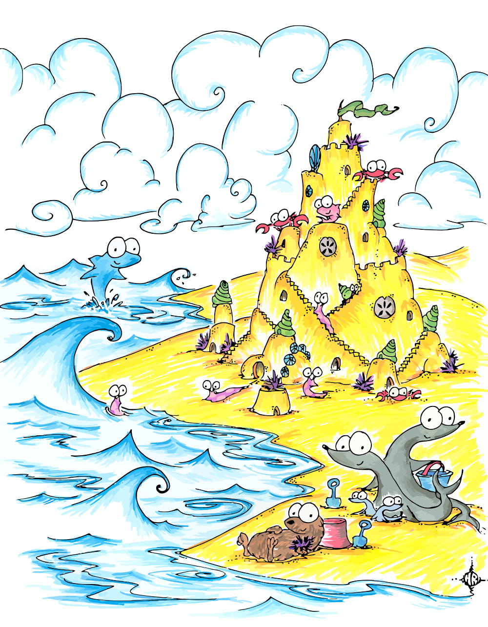 screen background: sea creatures building a sand castle by the sea ...