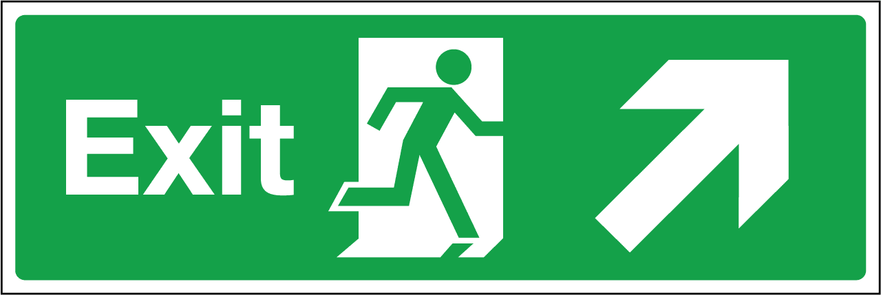 Exit sign running man arrow diagonally up right. - Safety Signs ...