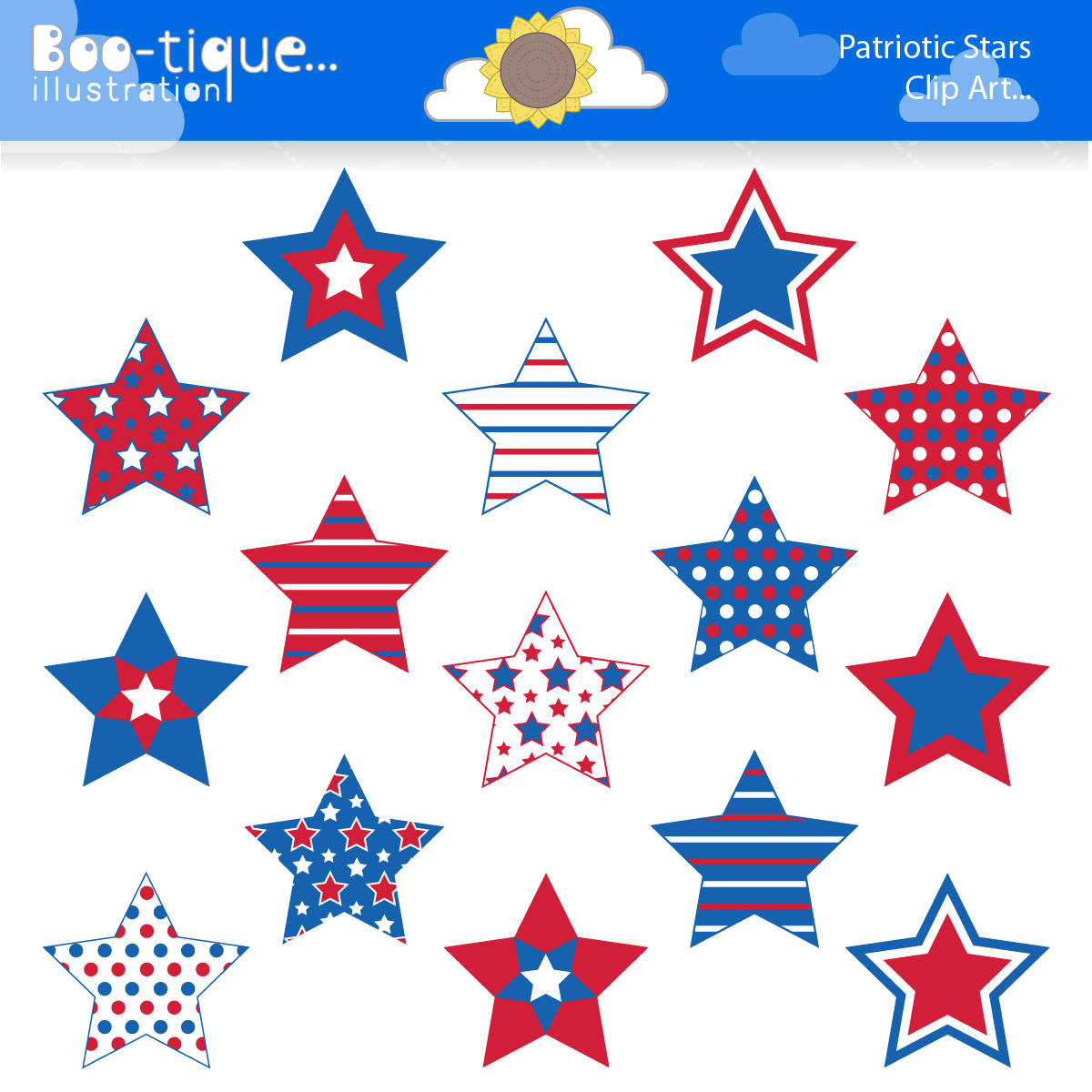 Red, White and Blue Stars… | Boo-tique Illustration Clipart