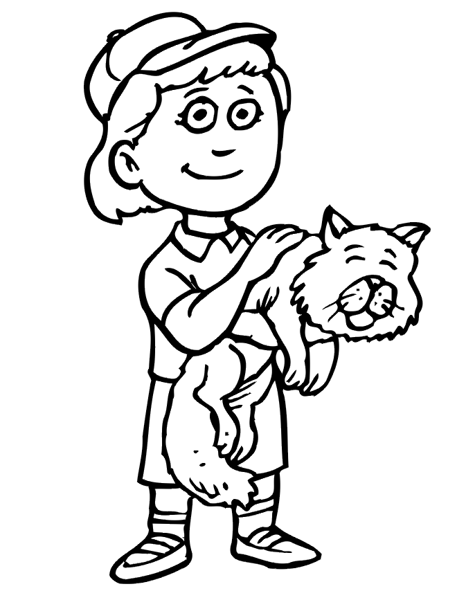 Little Boy and a Cat Coloring Page | Kids Coloring Page