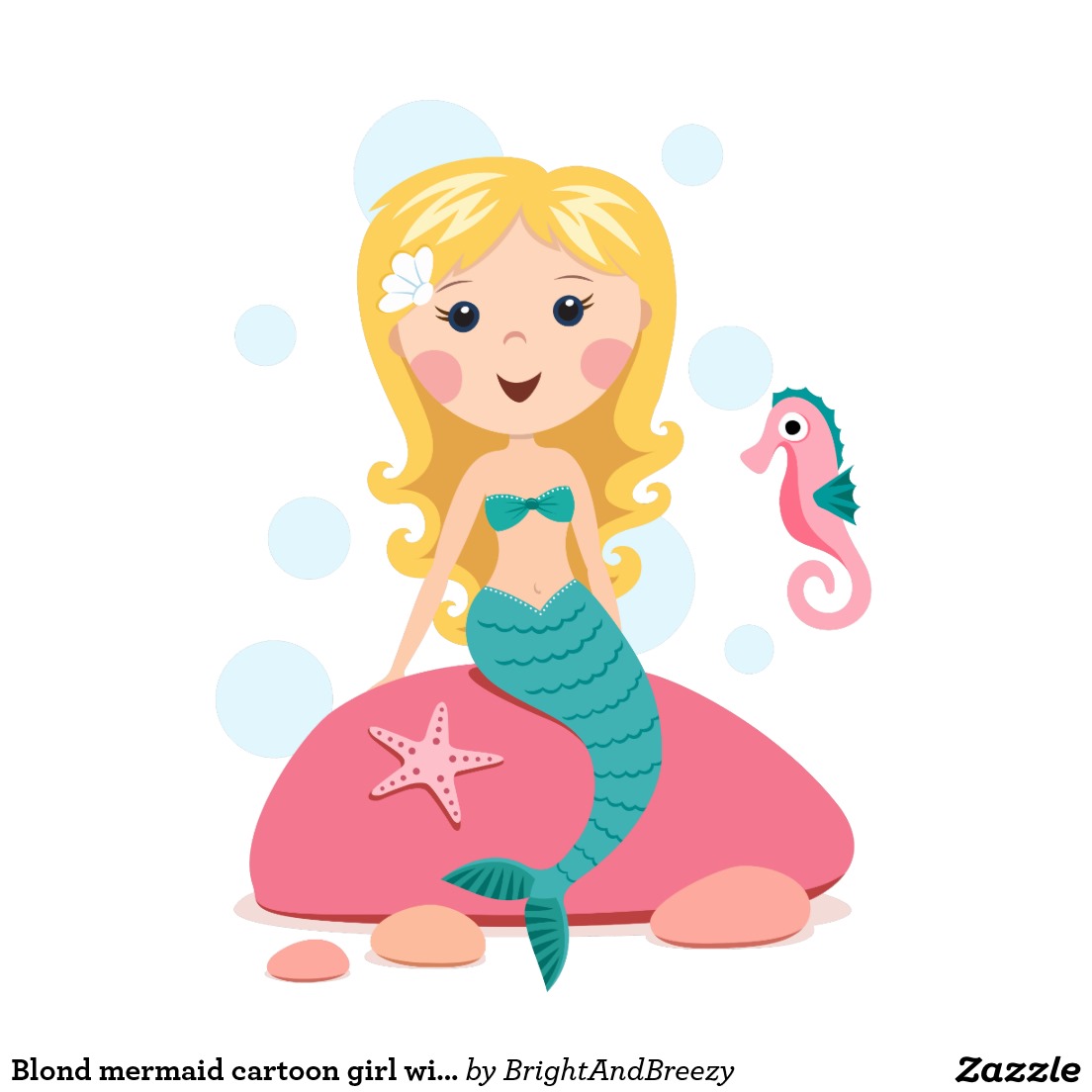 Blond mermaid cartoon girl with starfish seahorse poster | Zazzle