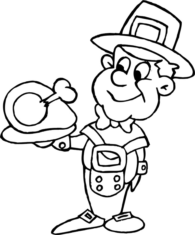 Thanksgiving Coloring Page | Pilgrim Holding Cooked Turkey