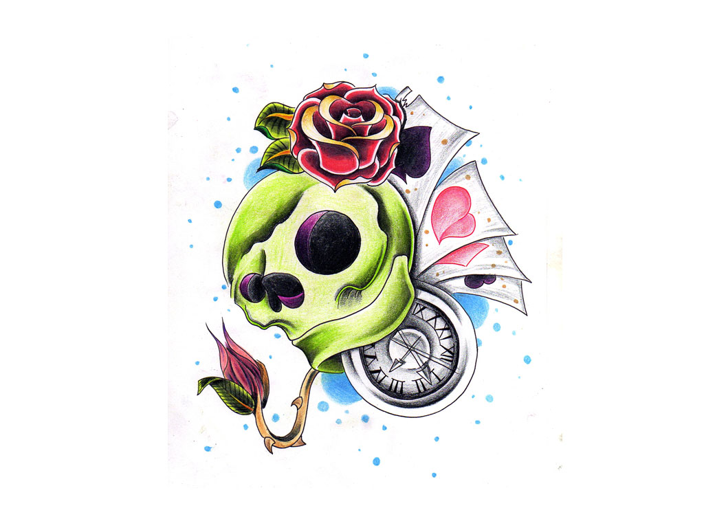 Free designs - Skull with clock and roses tattoo wallpaper