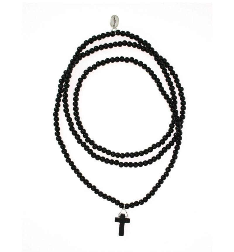 Necklace, wooden beads, elastic string, small cross, black, K006-S