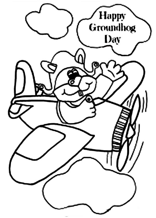 A Groundhog in an Airplane Say Happy Groundhog Day Coloring Page ...