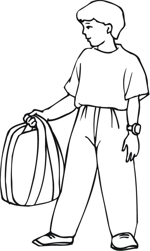 printable outline of a boy holding his backpack - Coloring Point