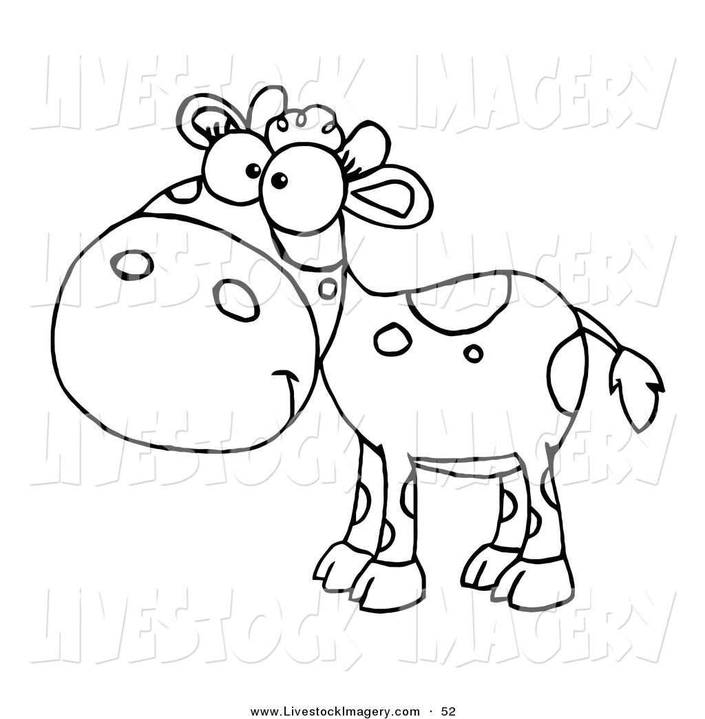 Clip Art of a Black and White Outlined Cute Baby Cow by Hit Toon - #52
