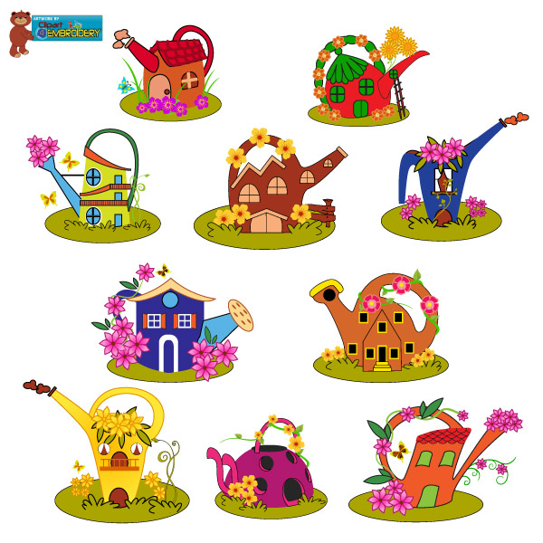 Watering Can Houses - $5.00 : Clipart for embroidery, Assorted ...