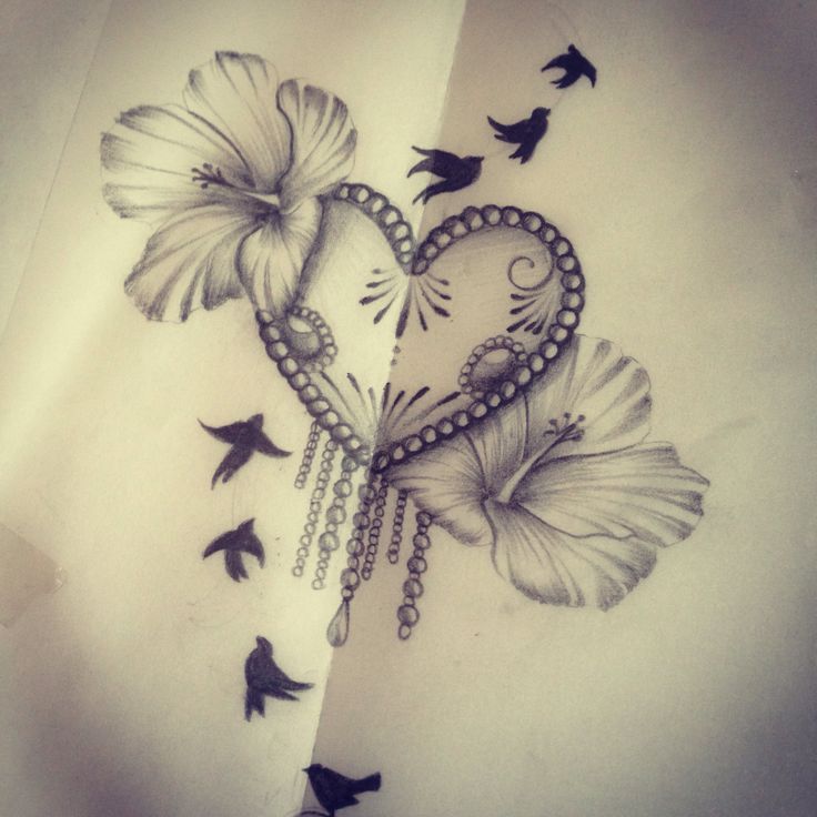 Birds, heart and hibiscus drawing. | Drawings | Pinterest
