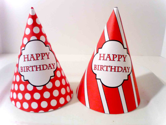Party hats Red and White PRINTABLE Birthday Hats by OpalandMae