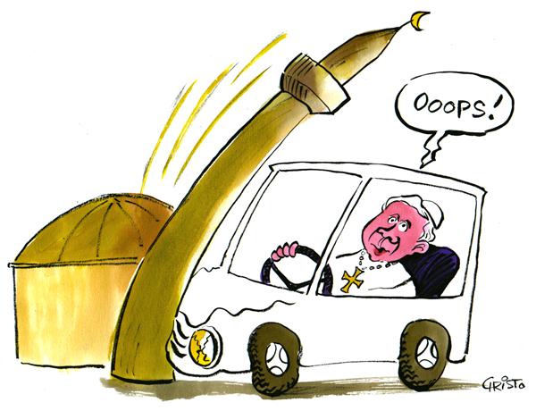 Pope car accident by Political Cartoonist Christo Komarnitski