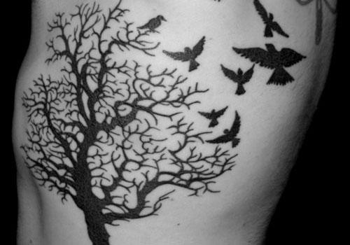 Black Ink Tree And Birds Tattoos On Ribs | Tattoobite.com
