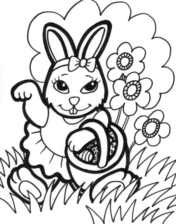 Kids Easter Coloring Pages Bunny Hunting Eggs - Easter Coloring ...