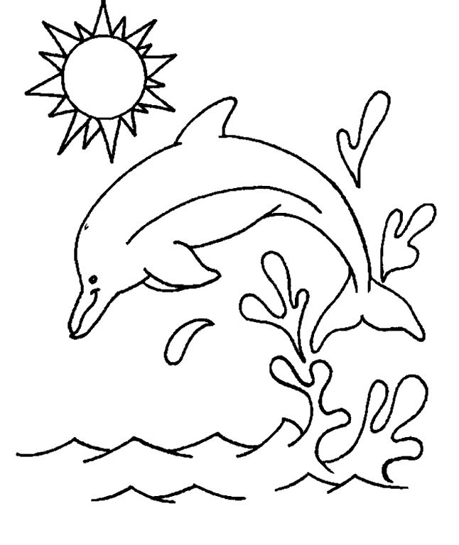 printable Dolphin jumping with sun coloring shet - KidsColoringPics.