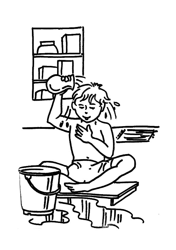 Coloring page of a boy washing himself from a bucket for fun | www ...