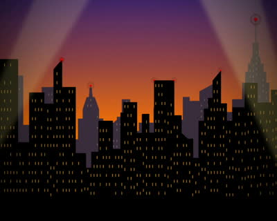 Evening City Skyline Silhouette And Searchlights Stock Footage ...