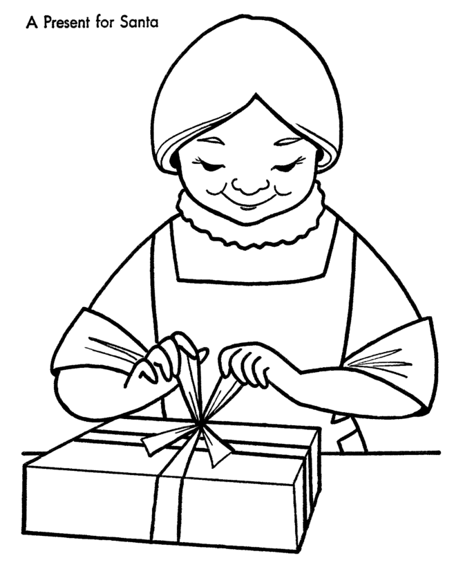 Christmas Santa Coloring Page - Mrs. Clause wraps something ...