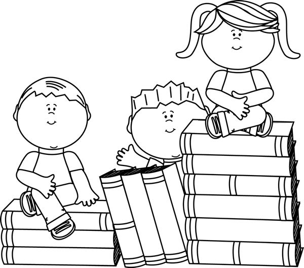 clip art black and white | Black and White Kids Sitting on Books ...