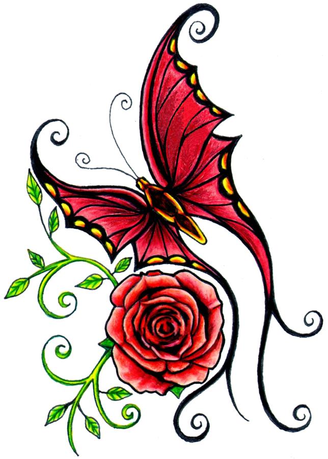 simple rose an butterflies tattoo design - Artistic Rose and ...