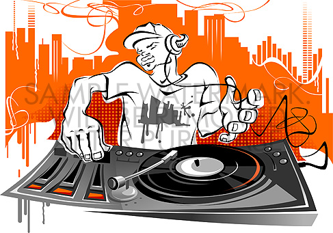 Vector illustration of a cartoon DJ in headphones with a turn ...