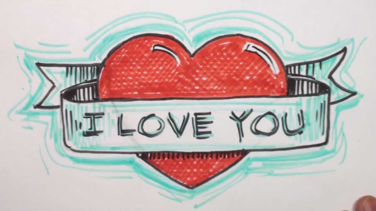 How to Draw Heart with Banner - I Iove You Drawing - MAT - YouTube