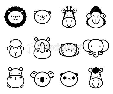 Icon Set: Cute Zoo Animals in black and white Royalty Free Stock ...