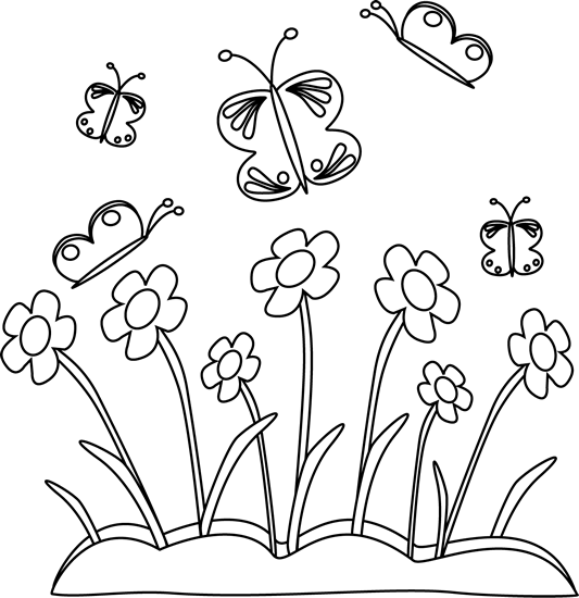 Black and White Spring Flowers and Butterflies Clip Art - Black ...