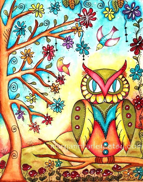 Owl ACEO ATC Original Art Print Mexican Art Print by maryannfarley