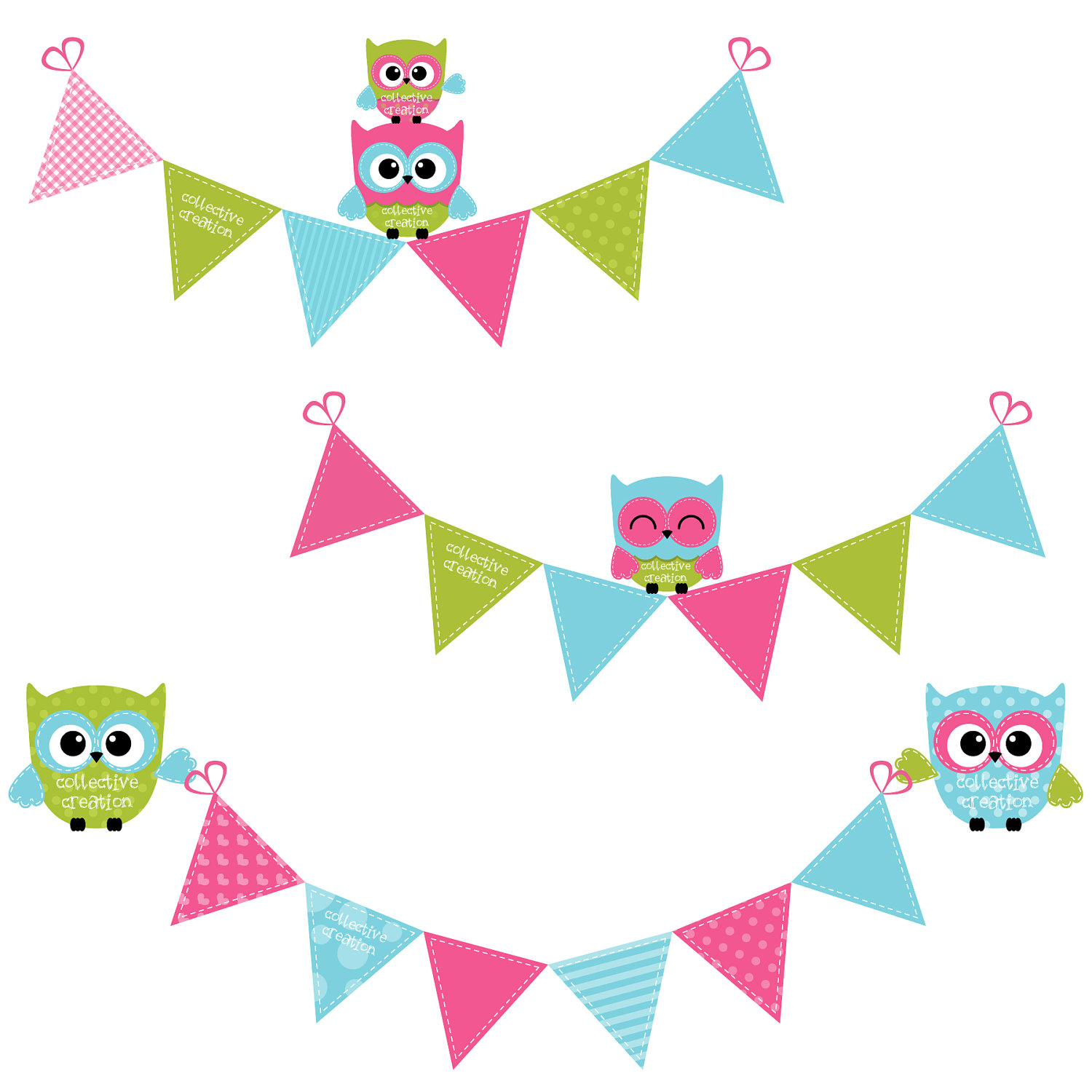 Cute Owls & Bunting Clipart in Bright Pink by CollectiveCreation