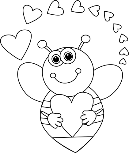Black and White Cartoon Bee with Valentine's Day Hearts Clip Art ...
