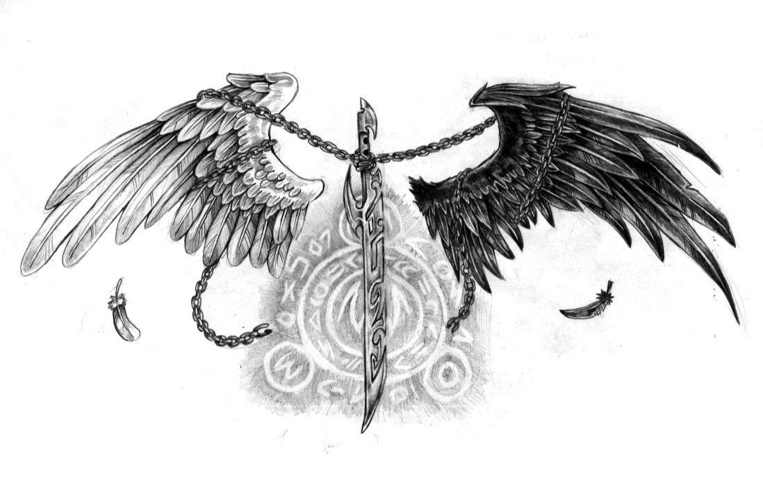 White & Black Angel Wings & Sword Tattoo Design | Tattoobite.com