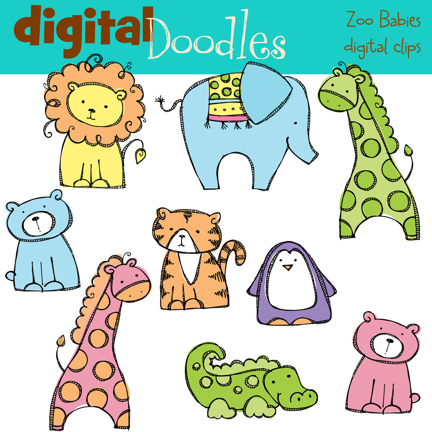 INSTANT DOWNLOAD Baby Zoo Animals Digital Clipart By Kpmdoodles