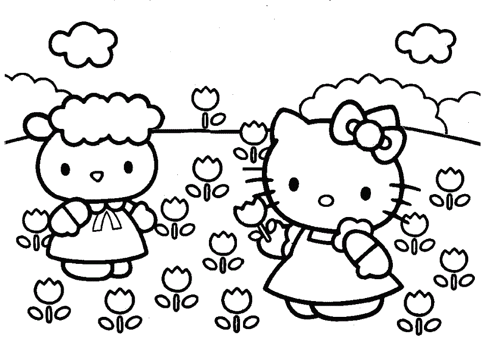Hello Kitty Planting Flowers Coloring Pages | Free Coloring Pages