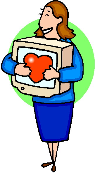 A cartoon woman hugging her computer screen with a big heart in ...