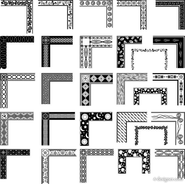 4-Designer | Black and white pattern border corners 03 vector material