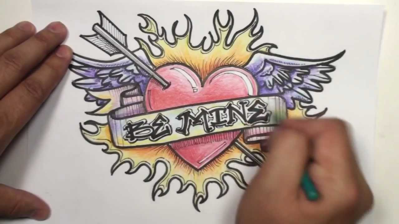 Speed Drawing: How To Draw a Heart With Wings, Arrow, Ribbon and ...