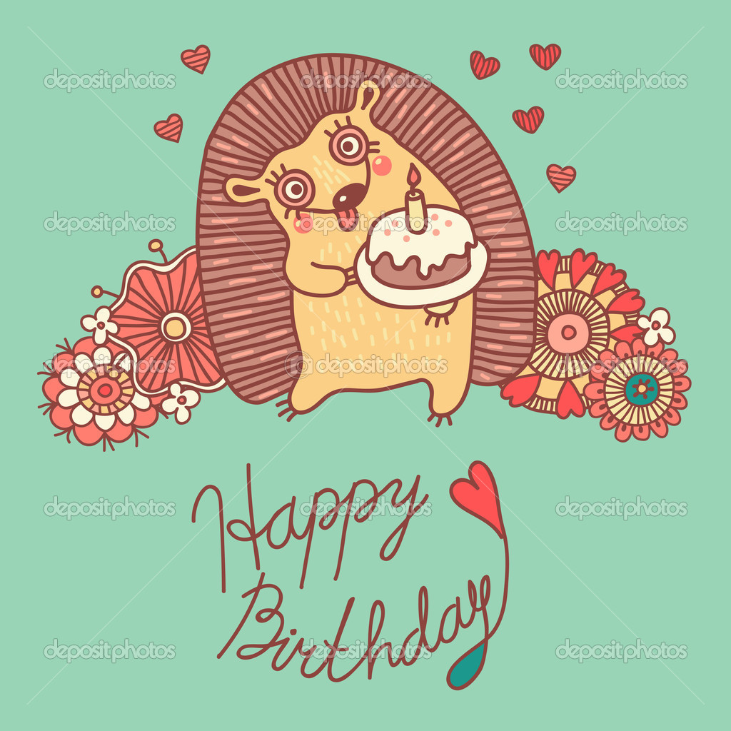 Cute Card With A Hedgehog And Flowers Happy Bi #11640 Wallpaper ...