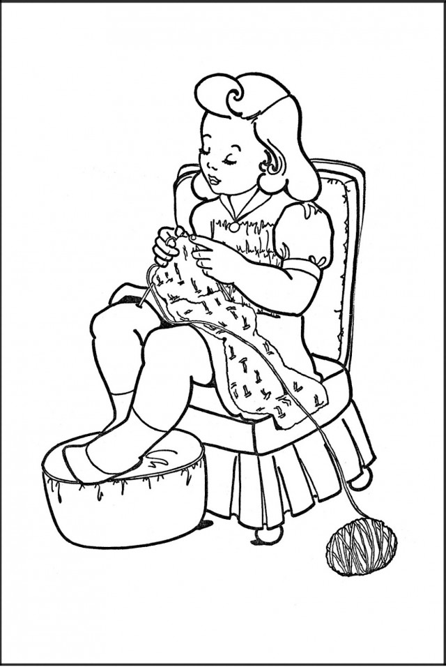 Kids Printable Coloring Page Girl Knitting The Graphics Fairy ...