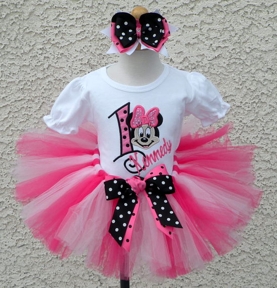 Girls Baby Minnie Mouse Face Pink and Black Dot Quick Ship Tutu Set