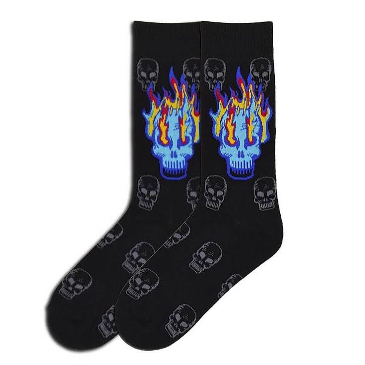 K. Bell Men's Flaming Skull Socks Novelty Skulls Black Footwear NEW