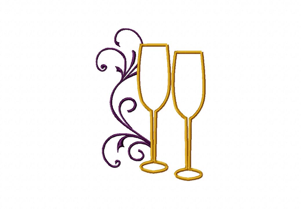 Champagne Glasses Machine Embroidery Satin Stitch Design for Gold ...