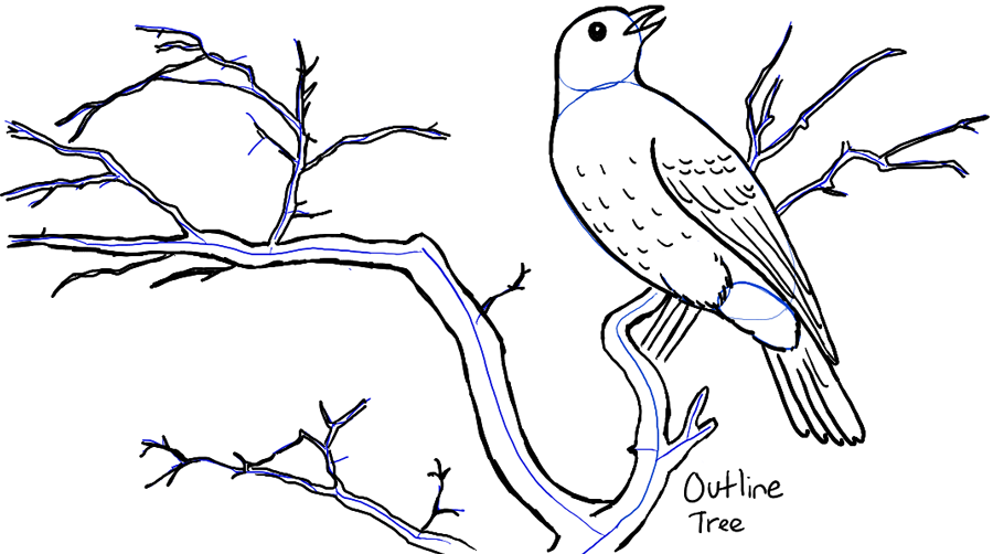 How to Draw a Bird in a Tree in Front of Rolling Hills Landscape ...