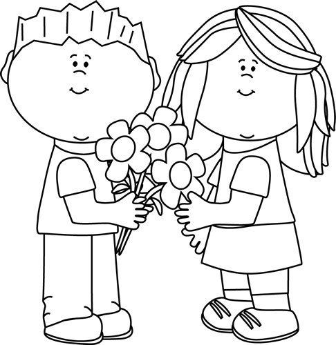 Black and White Kids with Valentine's Day Flowers Clip Art - Black ...